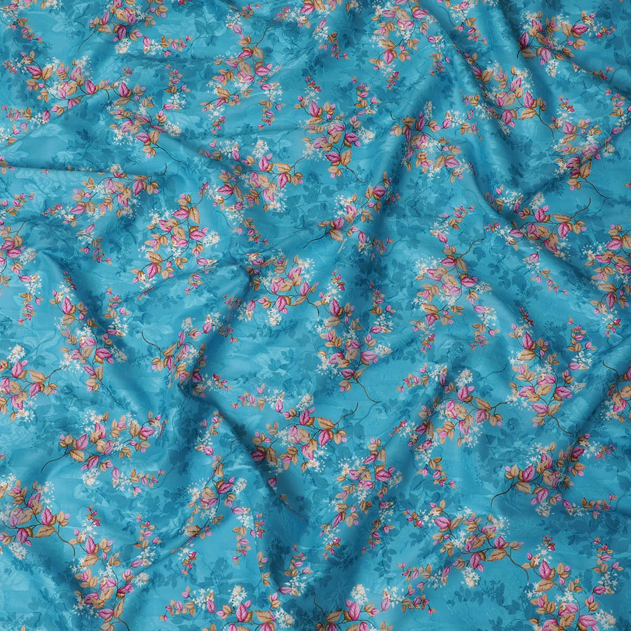 Vibrant Cerulean Uragiri Cotton Voile Fabric with Vivid Pink Floral Print, 110 cm Wide - Breathable Indian Craftsmanship-D18981 Regal Fabrics