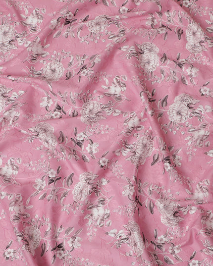 Charming Rose Pink Uragiri Cotton Voile Fabric with Monochrome Floral Print, 110 cm Wide - Airy Elegance from India-D18982