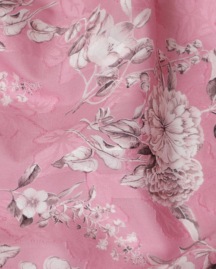 Charming Rose Pink Uragiri Cotton Voile Fabric with Monochrome Floral Print, 110 cm Wide - Airy Elegance from India-D18982