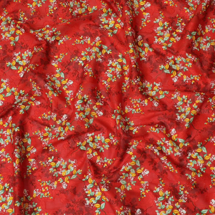 Fiery Red Uragiri Cotton Voile Fabric with Lush Green Floral Print, 110 cm Wide - Vibrant Indian Textile-D18983 Regal Fabrics