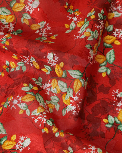 Fiery Red Uragiri Cotton Voile Fabric with Lush Green Floral Print, 110 cm Wide - Vibrant Indian Textile-D18983