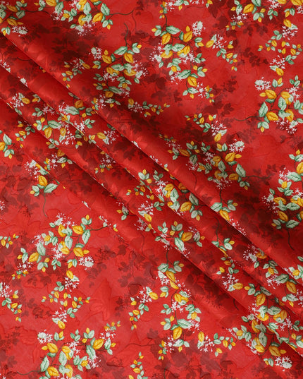 Fiery Red Uragiri Cotton Voile Fabric with Lush Green Floral Print, 110 cm Wide - Vibrant Indian Textile-D18983