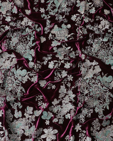 Luxurious Burgundy Silk-Blend Velvet Fabric with Silver Floral glitter-D18991(1.8Mtrs)