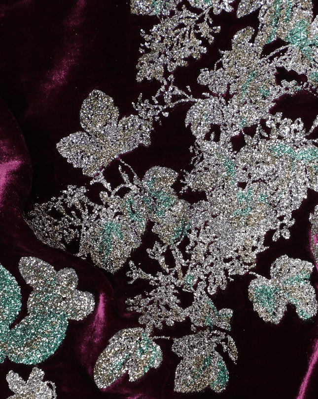 Luxurious Burgundy Silk-Blend Velvet Fabric with Silver Floral glitter-D18991(1.8Mtrs)