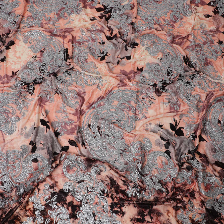 Enchanting Peach Sunset Silk-Blend Velvet Fabric with Metallic Paisley glitter-D18992(1.6Mtrs) Regal Fabrics