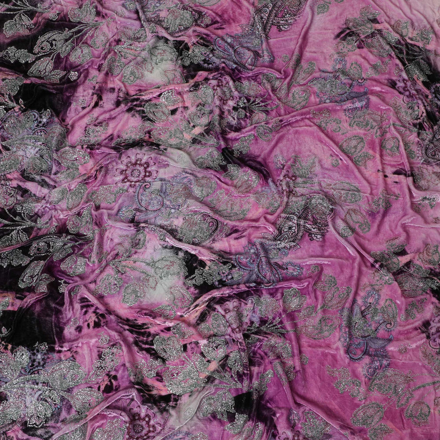 Majestic Fuchsia Silk-Blend Velvet Fabric with Intricate Silver Paisley Motifs-D18993(1.2Mtrs) Regal Fabrics