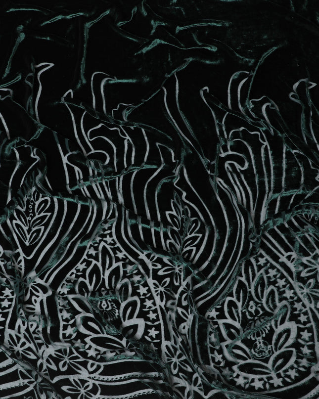 Elegant Bottle green Silk-Blend Velvet Fabric with White Ethereal Pattern Design-D18994(2.2Mtrs) Regal Fabrics