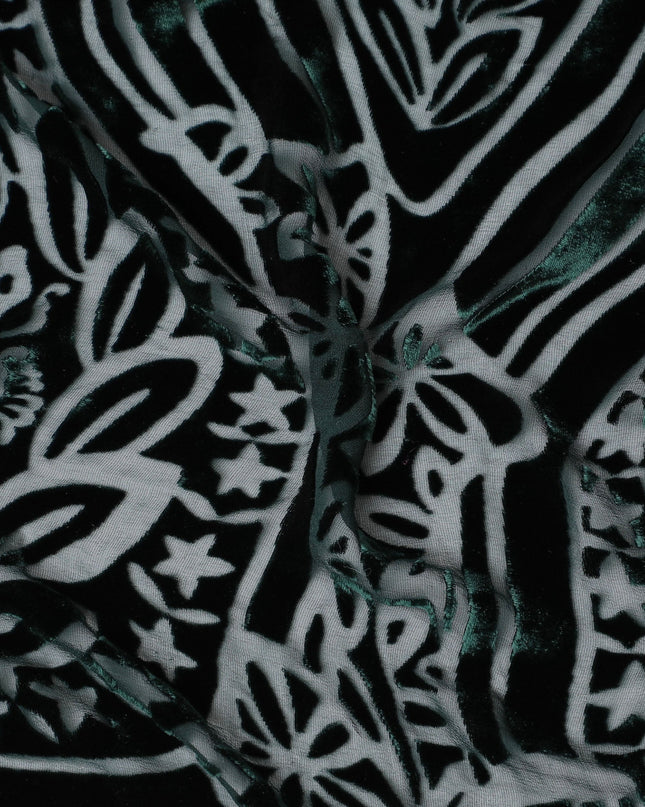 Elegant Bottle green Silk-Blend Velvet Fabric with White Ethereal Pattern Design-D18994(2.2Mtrs) Regal Fabrics