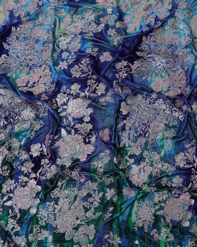 قماش مخملي من مزيج الحرير من الياقوت السماوي مع لمعان زهور متلألئ -D18996 (2 متر)