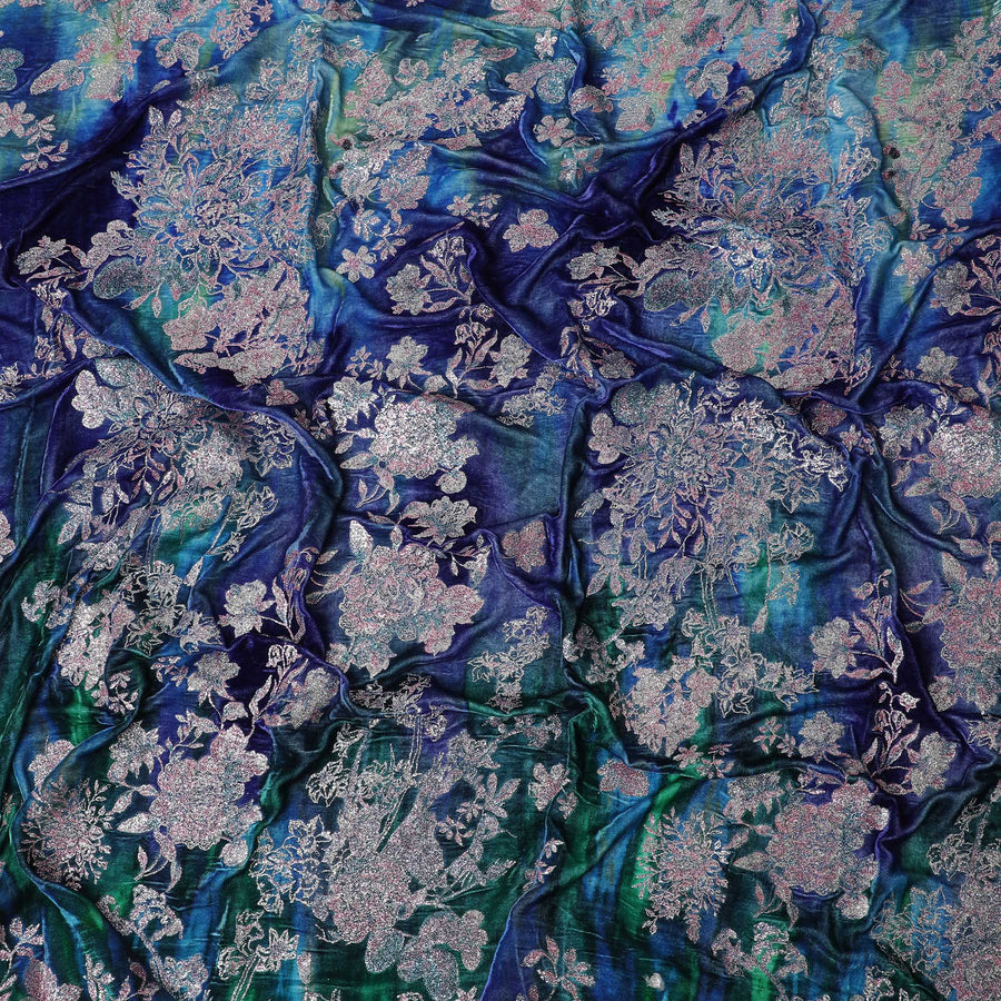 قماش مخملي من مزيج الحرير من الياقوت السماوي مع لمعان زهور متلألئ -D18996 (2 متر)
