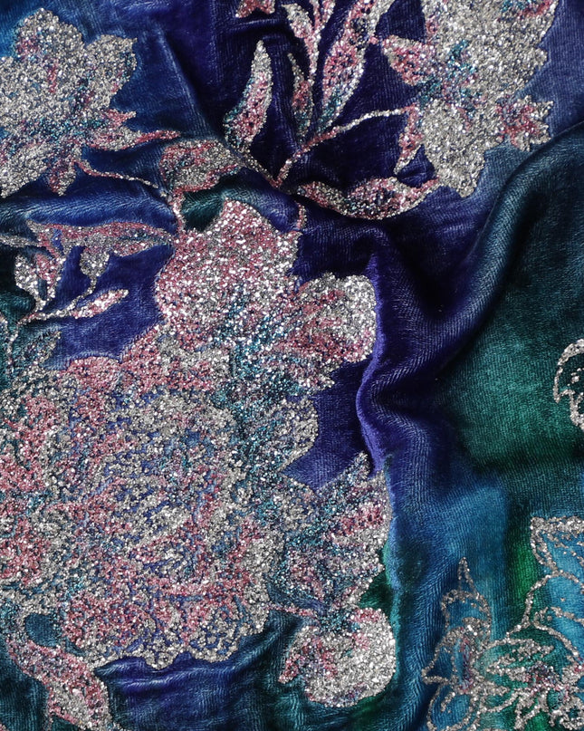 قماش مخملي من مزيج الحرير من الياقوت السماوي مع لمعان زهور متلألئ -D18996 (2 متر)