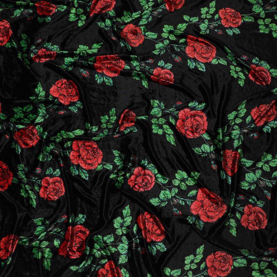 قماش مخملي رومانسي من مزيج الحرير الأسود مع طباعة وردة حمراء غنية -D19001 (1.55 متر)