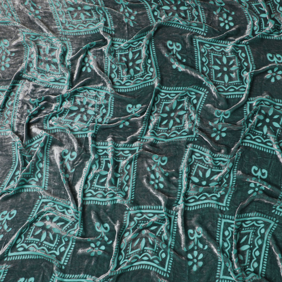Mystical Teal Medallion Silk-Blend Velvet Fabric-D19002(2Mtrs)