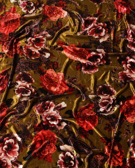 Autumnal Elegance Silk-Blend Velvet Fabric with Lush Floral Print-D19003(1.7Mtrs)