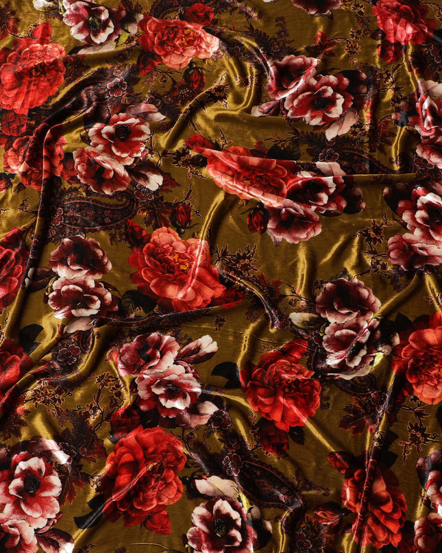 Autumnal Elegance Silk-Blend Velvet Fabric with Lush Floral Print-D19003(1.7Mtrs)