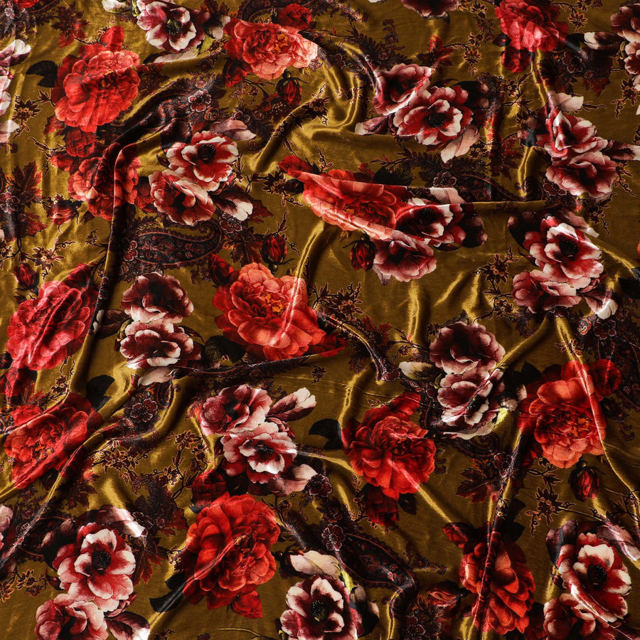 Autumnal Elegance Silk-Blend Velvet Fabric with Lush Floral Print-D19003(1.7Mtrs)