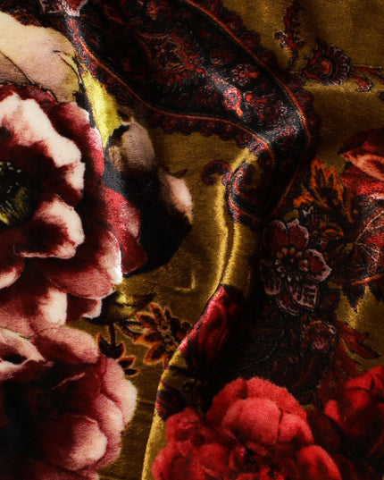 Autumnal Elegance Silk-Blend Velvet Fabric with Lush Floral Print-D19003(1.7Mtrs)