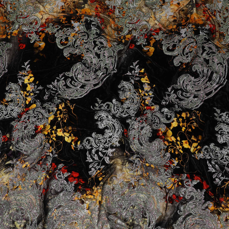 Baroque Twilight Silk-Blend Velvet Fabric with Metallic Flourish-D19004(2Mtrs)