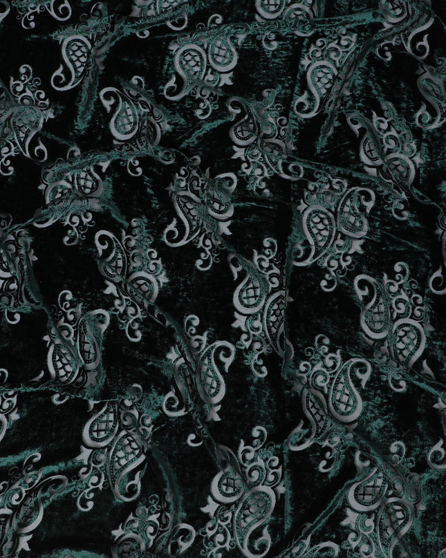 Enchanted Forest Silk-Blend Velvet Fabric with Silver Paisley Detail-D19006(2Mtrs) Regal Fabrics
