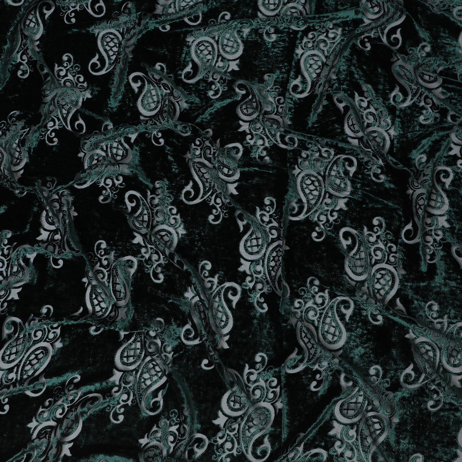 Enchanted Forest Silk-Blend Velvet Fabric with Silver Paisley Detail-D19006(2Mtrs)
