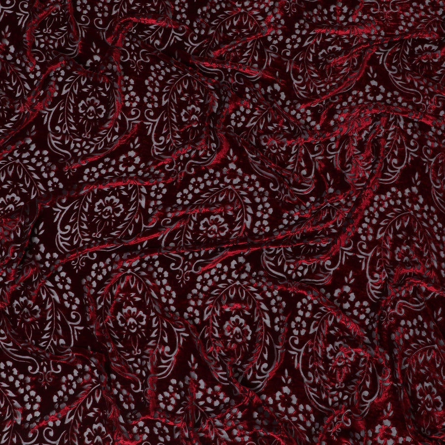 قماش مخملي من مزيج الحرير بيزلي بورجوندي مع تطريزات زهرية - D19007 (1.9 متر)