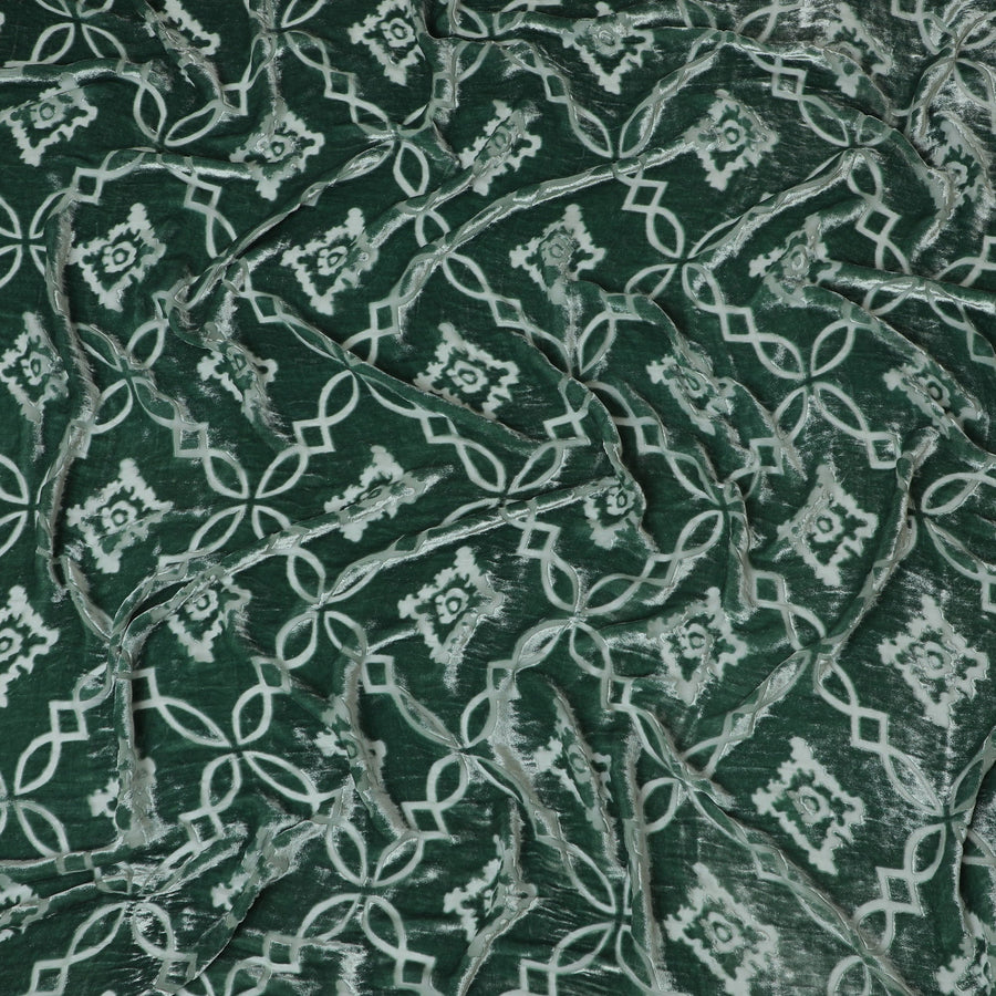 Emerald Green Ikat-Inspired Silk-Blend Velvet Fabric with Intricate Silver Patterns-D19009(1.9Mtrs) Regal Fabrics