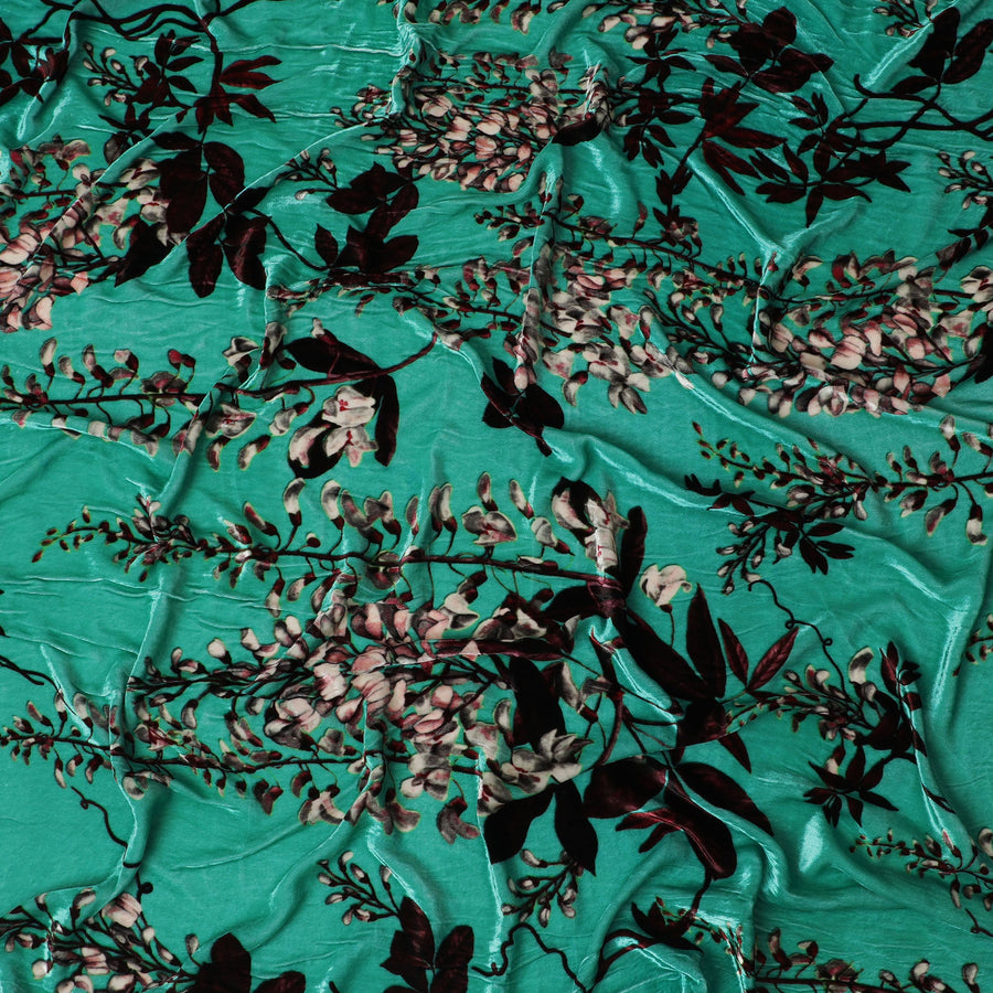 Exotic Jade Green Silk-Blend Velvet with Blossoming Botanical Print-D19010(2.25Mtrs)