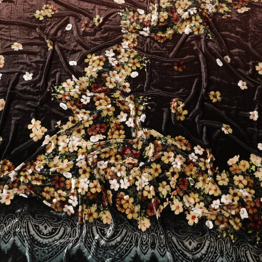 Elegant Chocolate Brown Silk-Blend Velvet with Autumnal Floral print-D19011(1.7Mtrs)