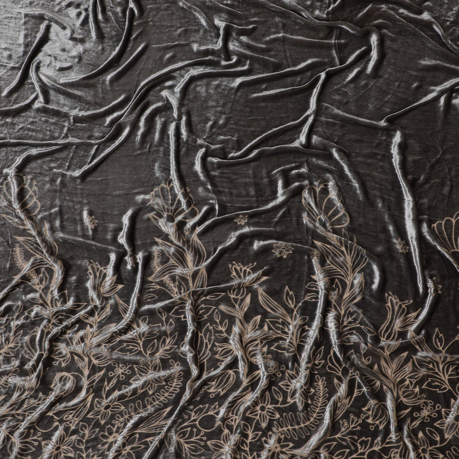 Sophisticated Charcoal grey Silk-Blend Velvet with Gold Botanical Embroidery-D19013(2Mtrs) Regal Fabrics