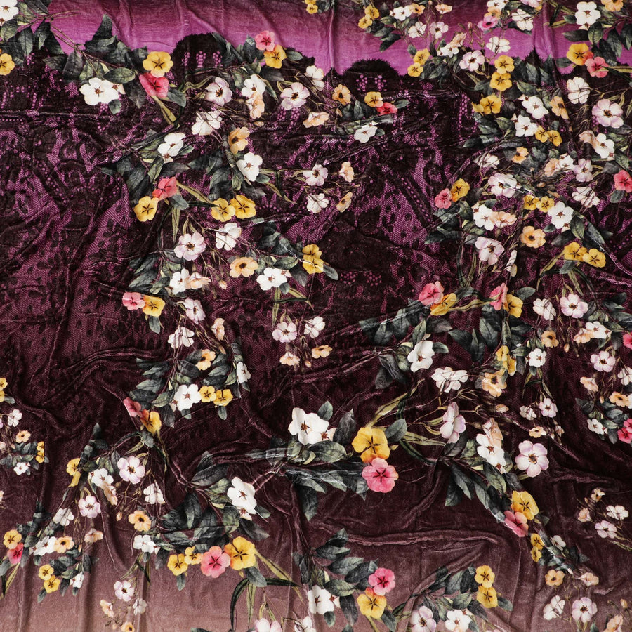 قماش مخملي من مزيج الحرير بزهر البرقوق مع طباعة زهور غنية -D19014 (1.7 متر)