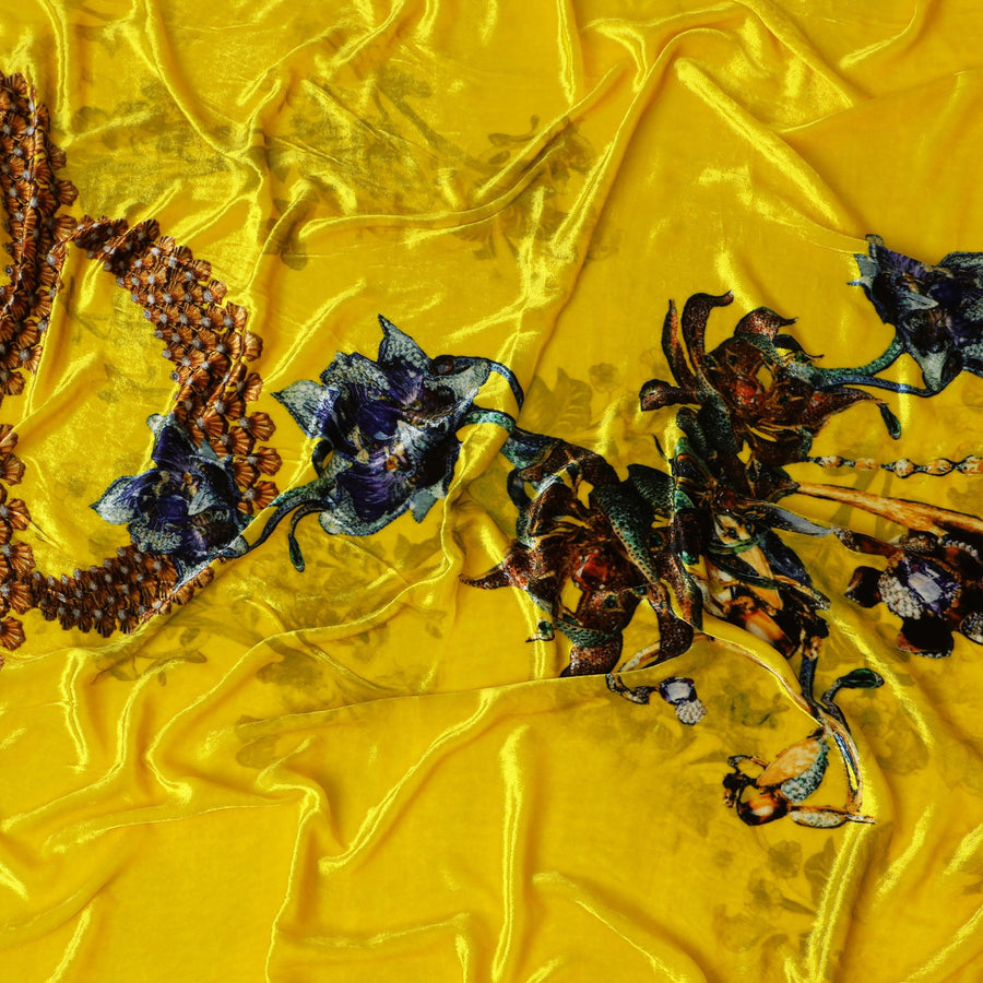 Sunshine Yellow Silk-Blend Velvet with Exotic Blue Floral Accents-D19015(1.7Mtrs) Regal Fabrics
