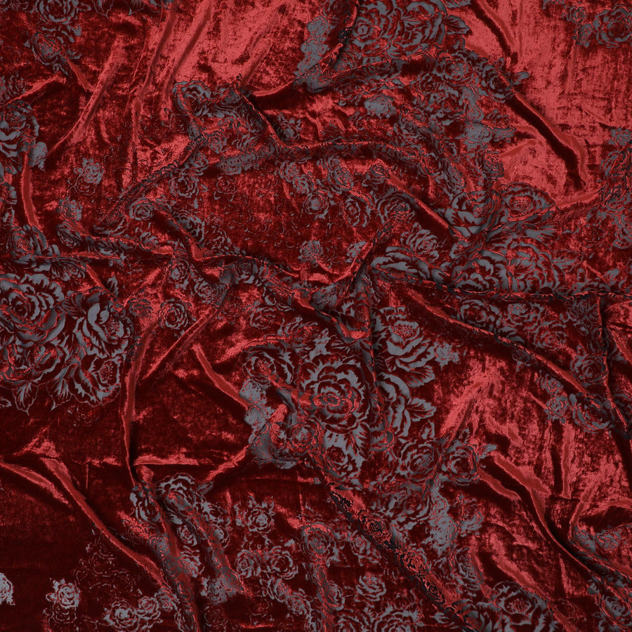 Crimson Red Silk-Blend Velvet with Embossed Silver Floral Design-D19017(1.1Mtrs)