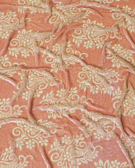 Peach Whisper Floral Silk Blended Velvet â€“ Final Edition Fabric-D19029(0.9Mtrs)