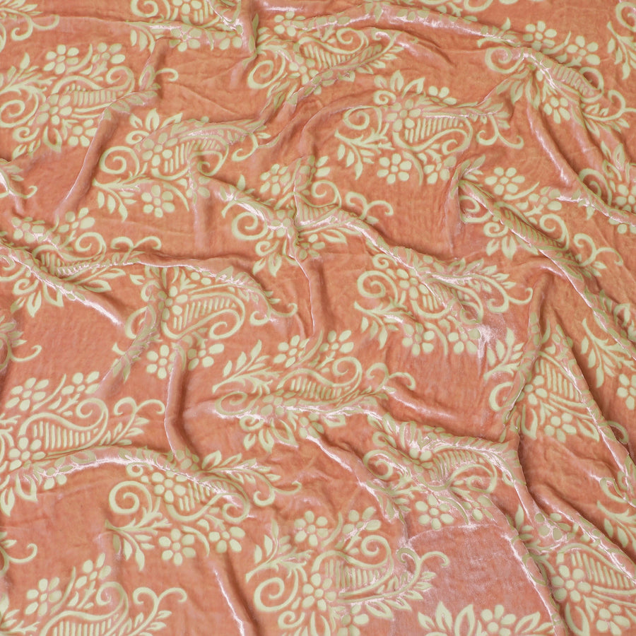 Peach Whisper Floral Silk Blended Velvet â€“ Final Edition Fabric-D19029(0.9Mtrs) Regal Fabrics