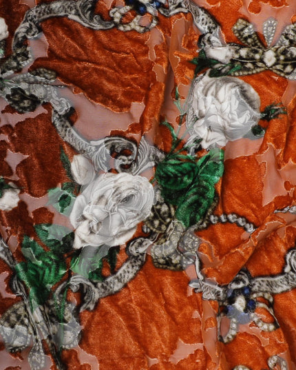 Emerald and Copper Rose Silk Blended Velvet â€“ Last Piece Artistry-D19030(0.75Mtrs)