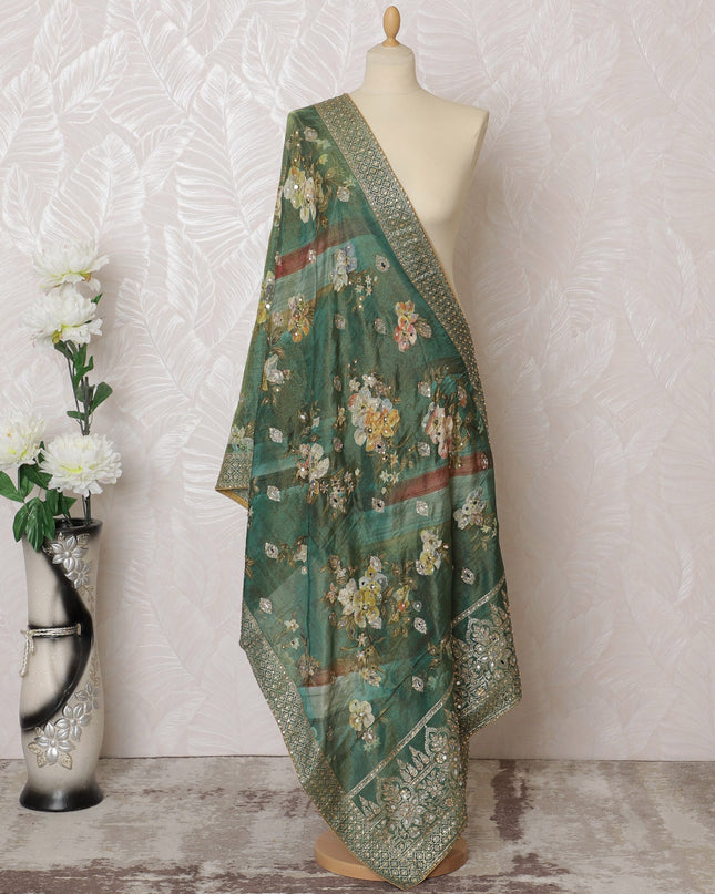 Emerald Mystique Brocade Premium Dupatta – Enchanting Floral Elegance, 225 X 80 cm Width-D19059