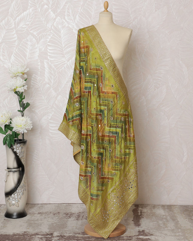 Green and Gold Geometric Pattern Synthetic Brocade Premium Dupatta 225x80 cm-D19060