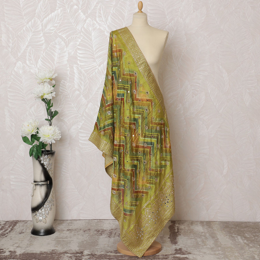 Green and Gold Geometric Pattern Synthetic Brocade Premium Dupatta 225x80 cm-D19060