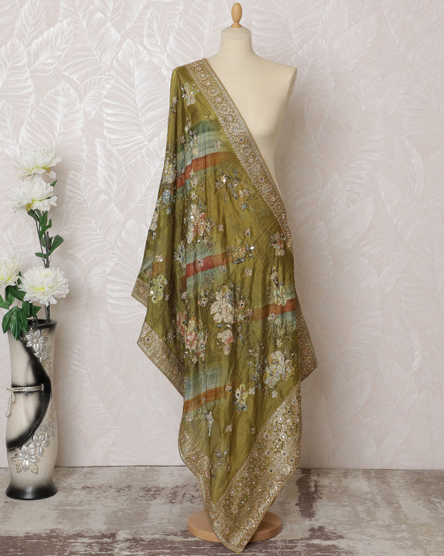 Olive Green Floral and Paisley Synthetic Brocade Premium Dupatta 225x80 cm-D19061