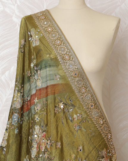 Olive Green Floral and Paisley Synthetic Brocade Premium Dupatta 225x80 cm-D19061