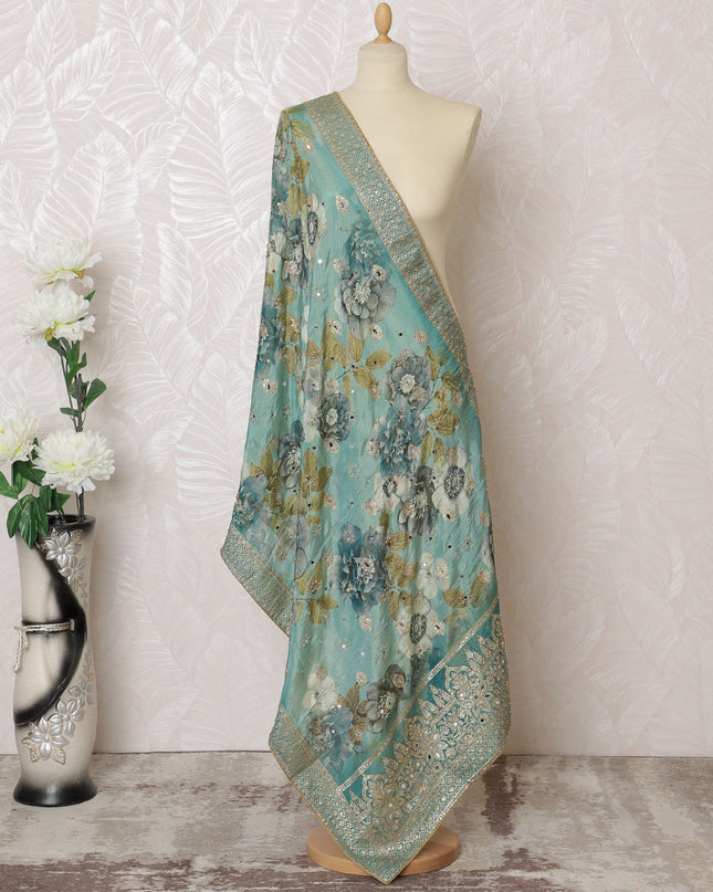 Teal Blue Floral Embellished Synthetic Brocade Premium Dupatta 225x80 cm-D19062