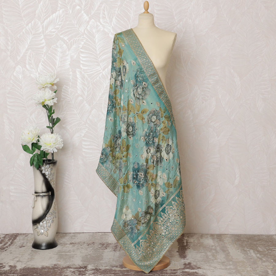 وشاح أزرق مخضر مزين بالزهور من الديباج الصناعي الفاخر مقاس 225x80 سم-D19062