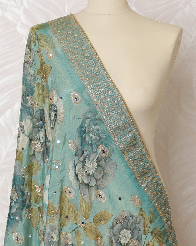 Teal Blue Floral Embellished Synthetic Brocade Premium Dupatta 225x80 cm-D19062