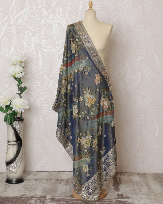 Navy Blue and Multicolor Floral Synthetic Brocade Premium Dupatta 225x80 cm-D19063