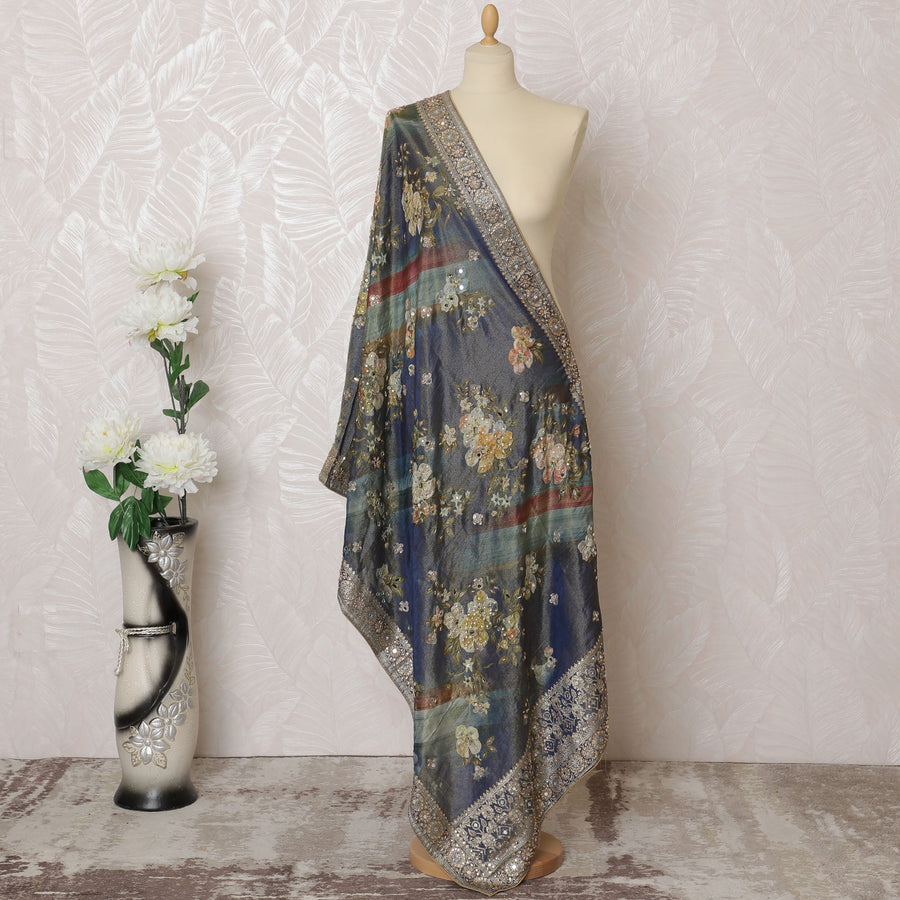 Navy Blue and Multicolor Floral Synthetic Brocade Premium Dupatta 225x80 cm-D19063 Regal Fabrics