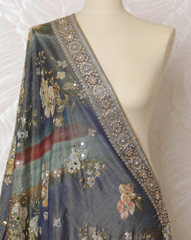 Navy Blue and Multicolor Floral Synthetic Brocade Premium Dupatta 225x80 cm-D19063