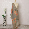 Grey and Coral Floral Synthetic Brocade Premium Dupatta 225x80 cm-D19065 Regal Fabrics