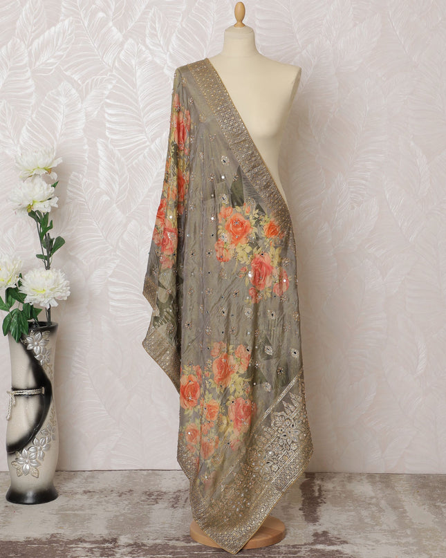 Grey and Coral Floral Synthetic Brocade Premium Dupatta 225x80 cm-D19065