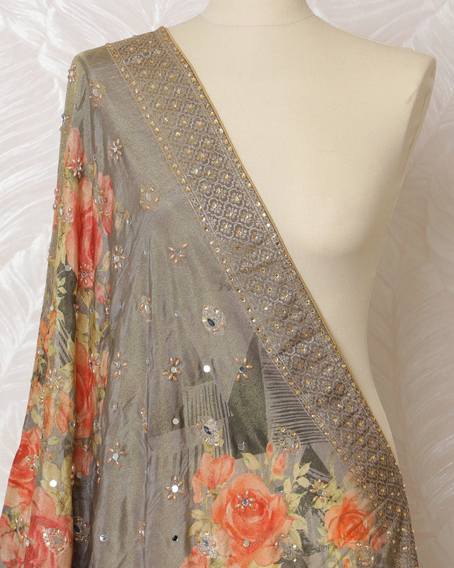 Grey and Coral Floral Synthetic Brocade Premium Dupatta 225x80 cm-D19065