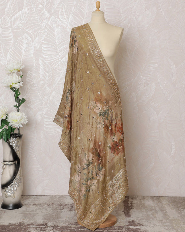 Beige Floral Embellished Synthetic Brocade Premium Dupatta 225x80 cm-D19066